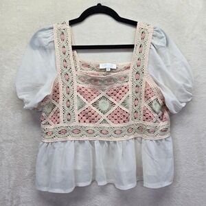 Rebellion Again Crochet Peplum Top XL Pink Green Boho Puff Square Neck Sheer